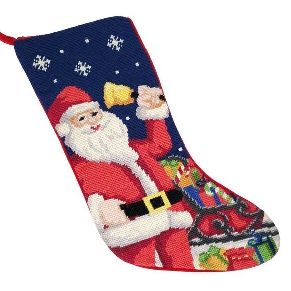 Needlepoint Santa Christmas Stocking Ring Bell Lined Velvet Back Blue Red 17" - Picture 1 of 3